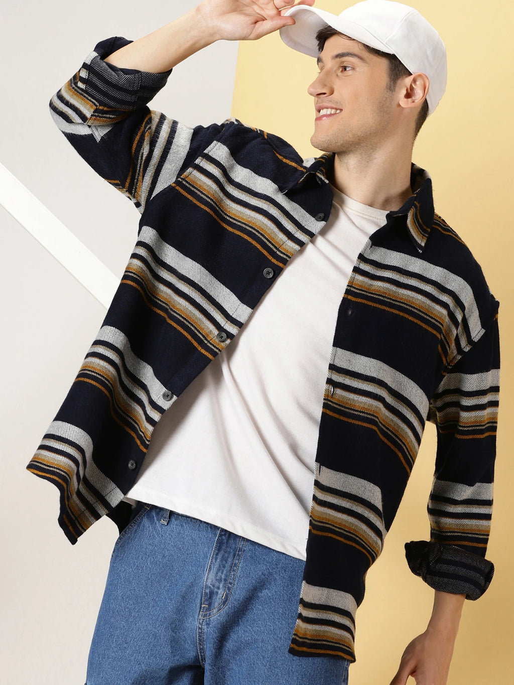 Navy Standard Striped Oversized Cotton Casual Shacket For Men