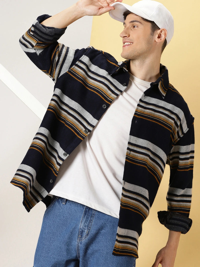 Thomas Scott Men Standard Striped Oversized Cotton Casual Shacket