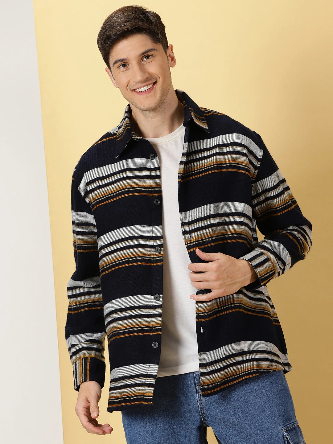 Navy Standard Striped Oversized Cotton Casual Shacket For Men