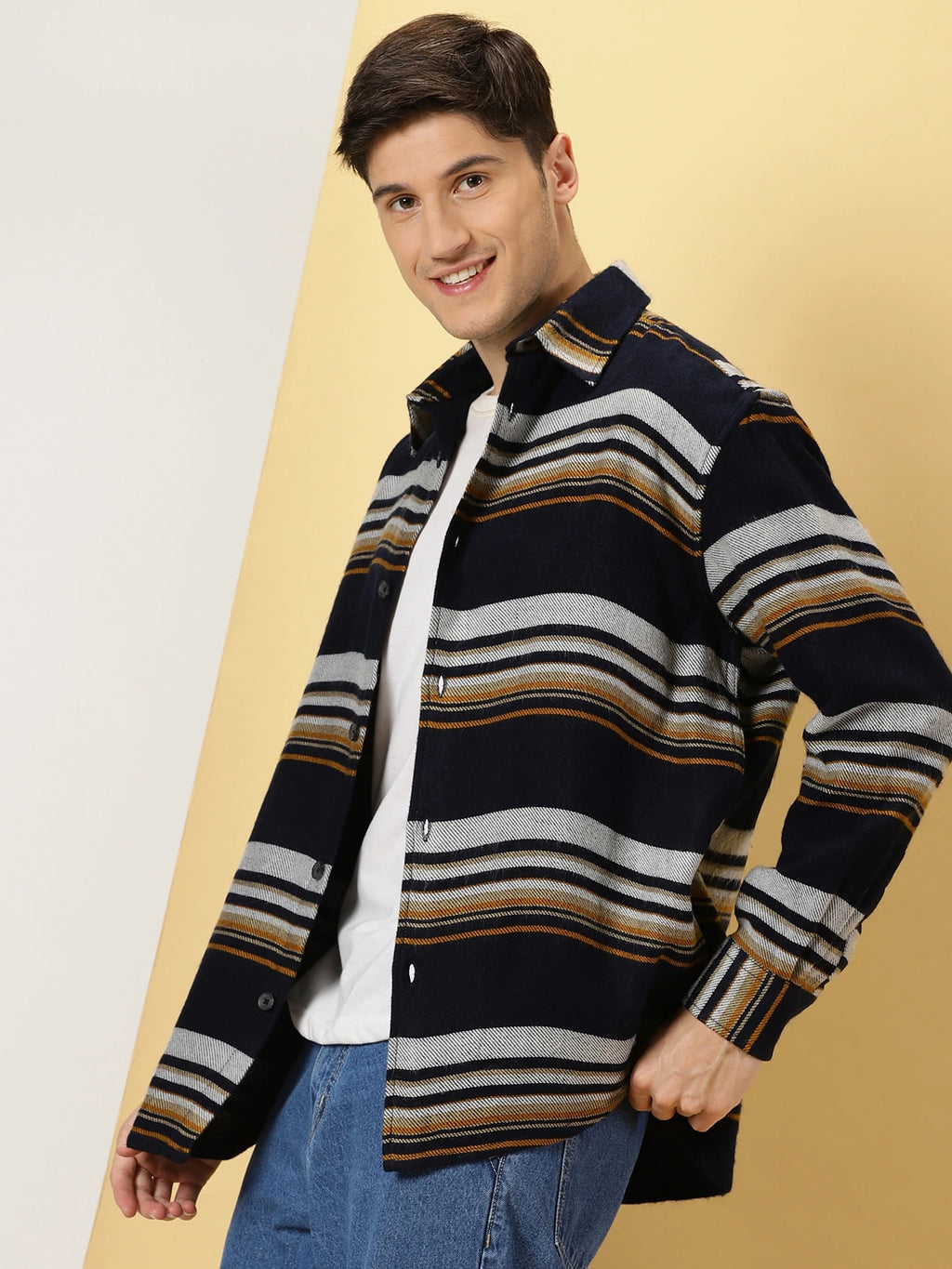 Navy Standard Striped Oversized Cotton Casual Shacket For Men