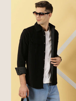 Black Premium Slim Fit Corduroy Casual Shirt For Men