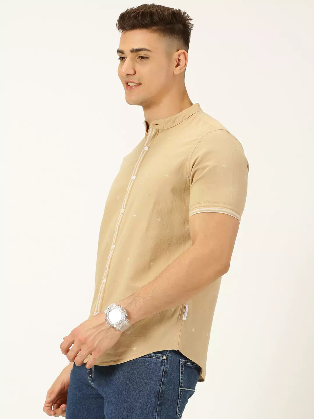Thomas Scott Men Premium Slim Fit Band Collar Pure Cotton Casual Shirt