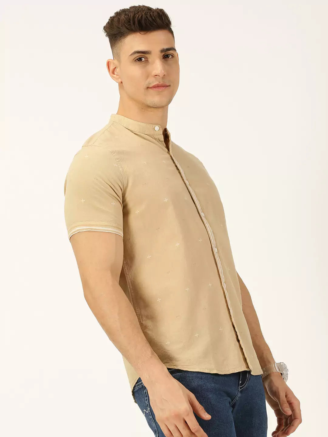 Thomas Scott Men Premium Slim Fit Band Collar Pure Cotton Casual Shirt