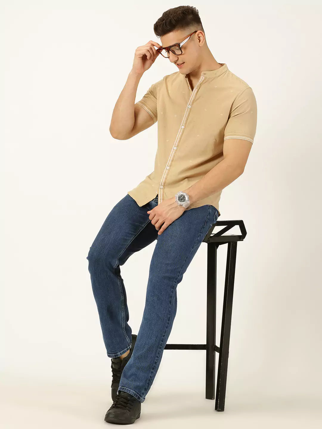 Thomas Scott Men Premium Slim Fit Band Collar Pure Cotton Casual Shirt