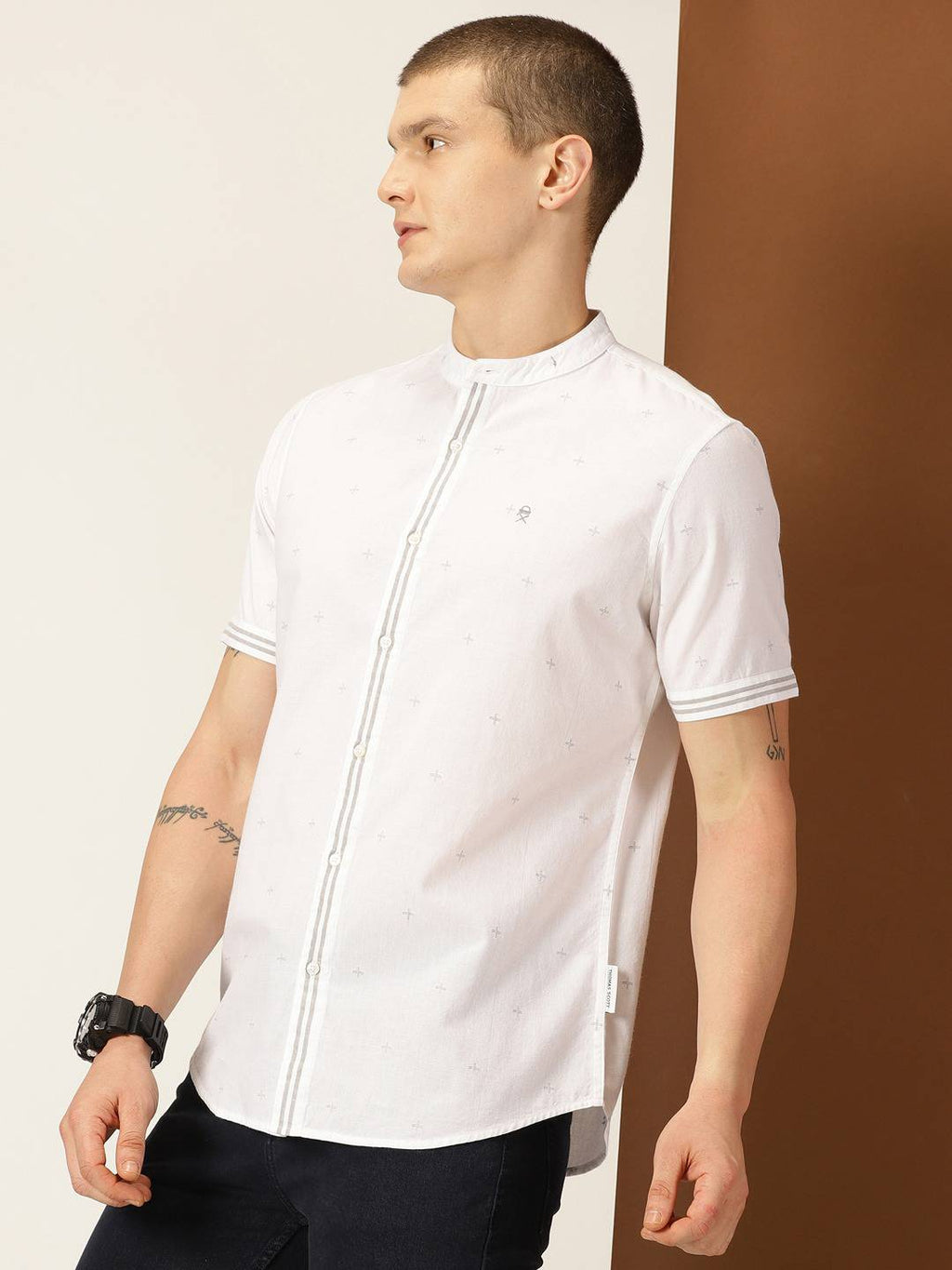 Thomas Scott Men Premium Slim Fit Geometric Printed Cotton Casual Shirt