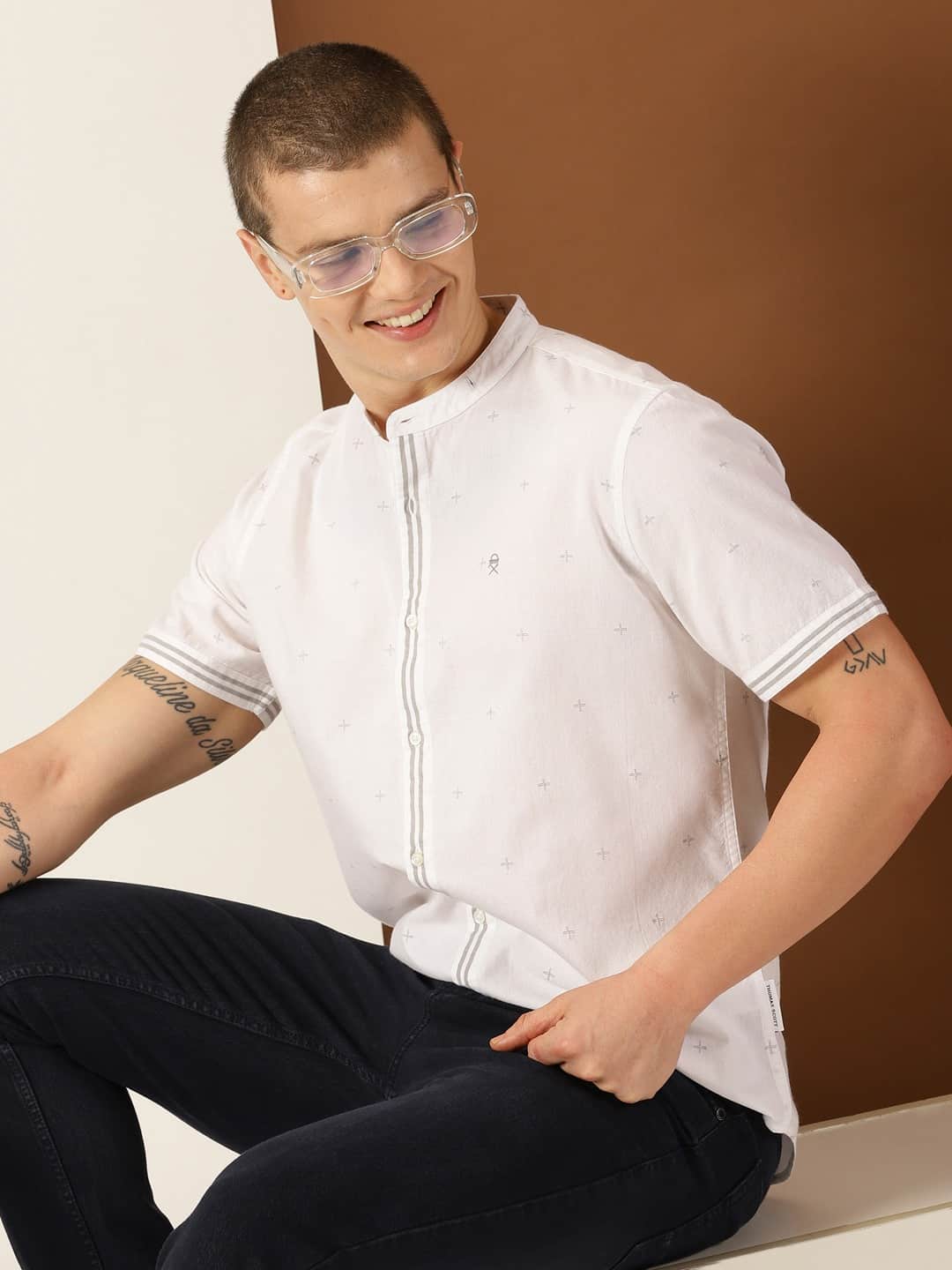 Thomas Scott Men Premium Slim Fit Geometric Printed Cotton Casual Shirt