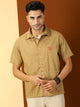 Thomas Scott Men Khaki Classic Boxy Fit Short Sleeves Spread Collar Cotton Casual Shirt