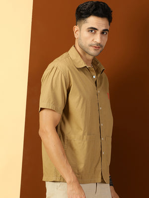Thomas Scott Men Khaki Classic Boxy Fit Short Sleeves Spread Collar Cotton Casual Shirt