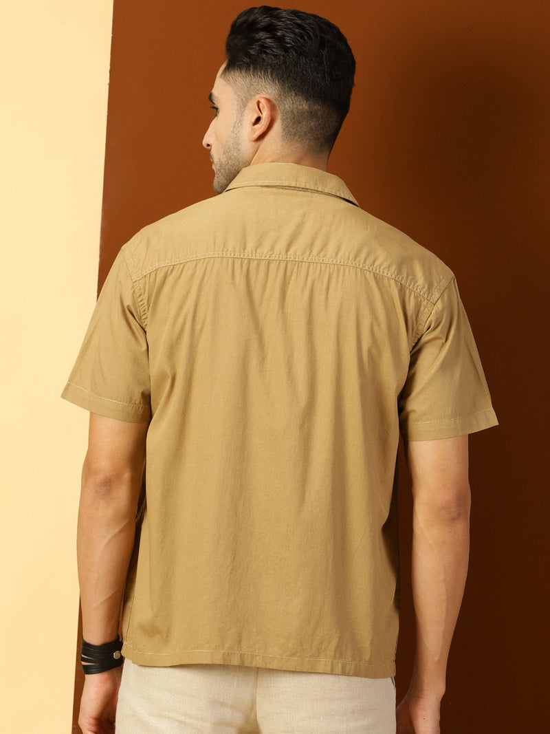 Thomas Scott Men Khaki Classic Boxy Fit Short Sleeves Spread Collar Cotton Casual Shirt