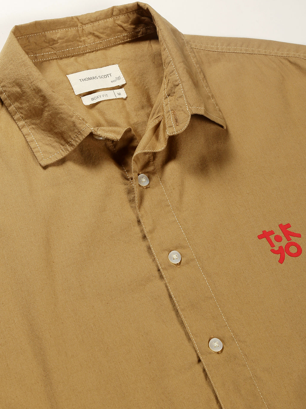 Thomas Scott Men Khaki Classic Boxy Fit Short Sleeves Spread Collar Cotton Casual Shirt