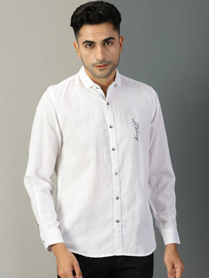 Thomas Scott Men White Classic Regular Fit Long Sleeves Spread Collar Typography Printed Cotton Linen Casual Shirt