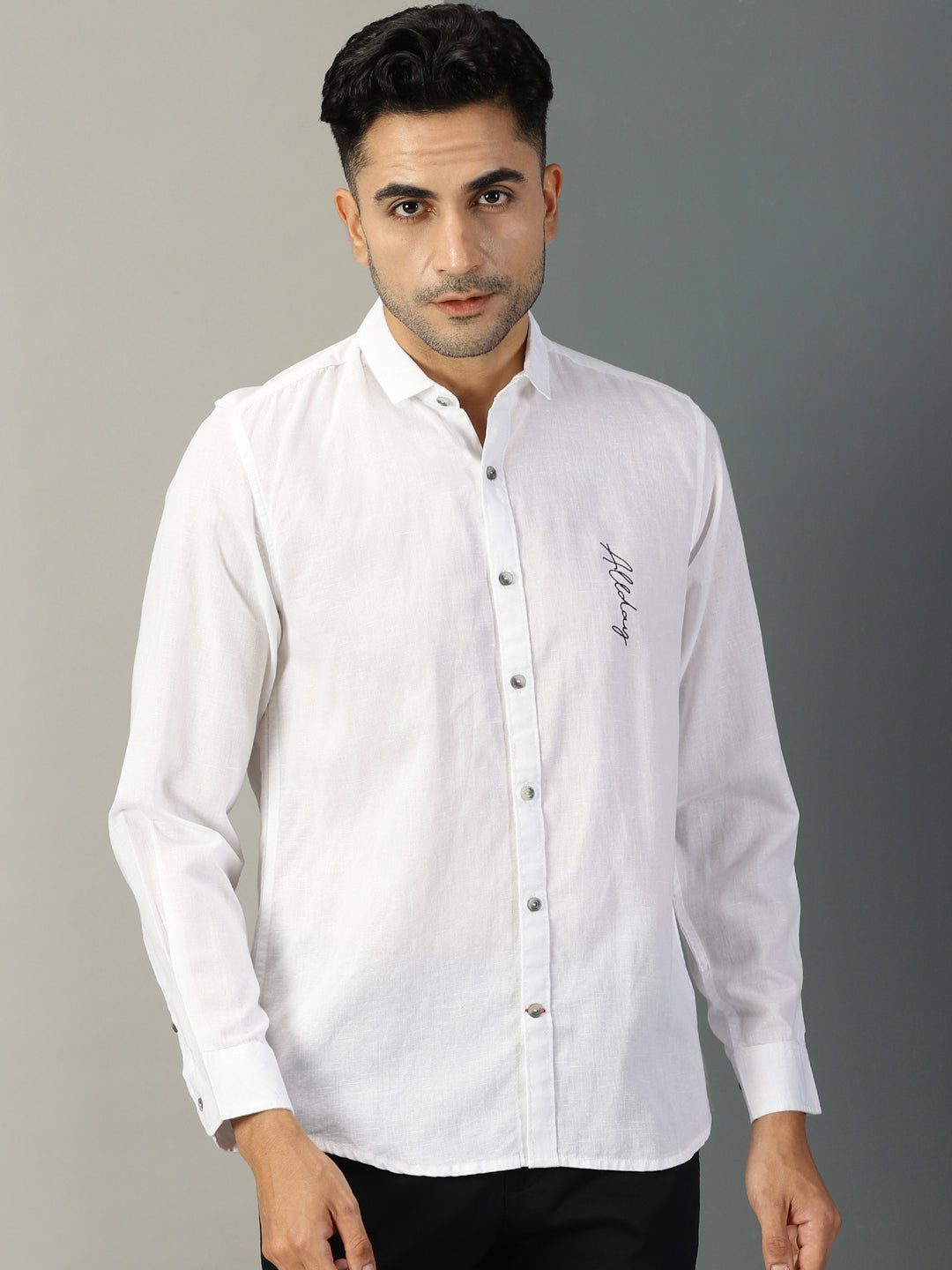 Thomas Scott Men White Classic Regular Fit Long Sleeves Spread Collar Typography Printed Cotton Linen Casual Shirt