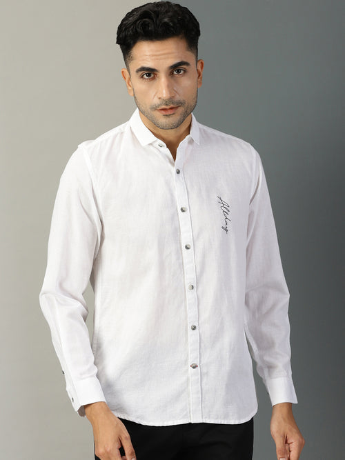 Thomas Scott Men White Classic Regular Fit Long Sleeves Spread Collar Typography Printed Cotton Linen Casual Shirt