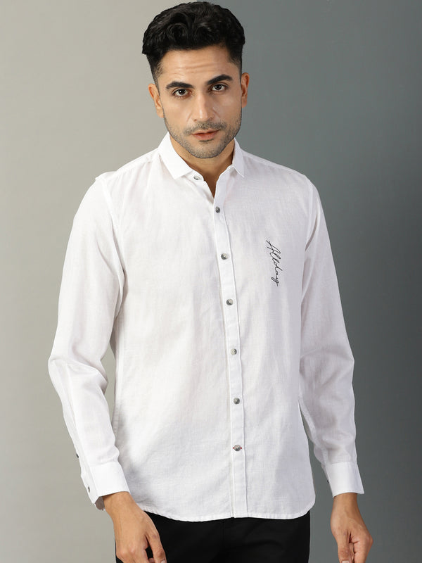 Thomas Scott Men White Classic Regular Fit Long Sleeves Spread Collar Typography Printed Cotton Linen Casual Shirt