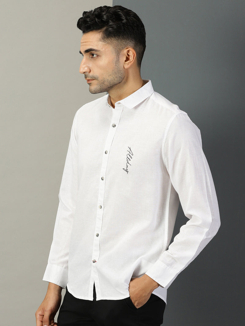 Thomas Scott Men White Classic Regular Fit Long Sleeves Spread Collar Typography Printed Cotton Linen Casual Shirt