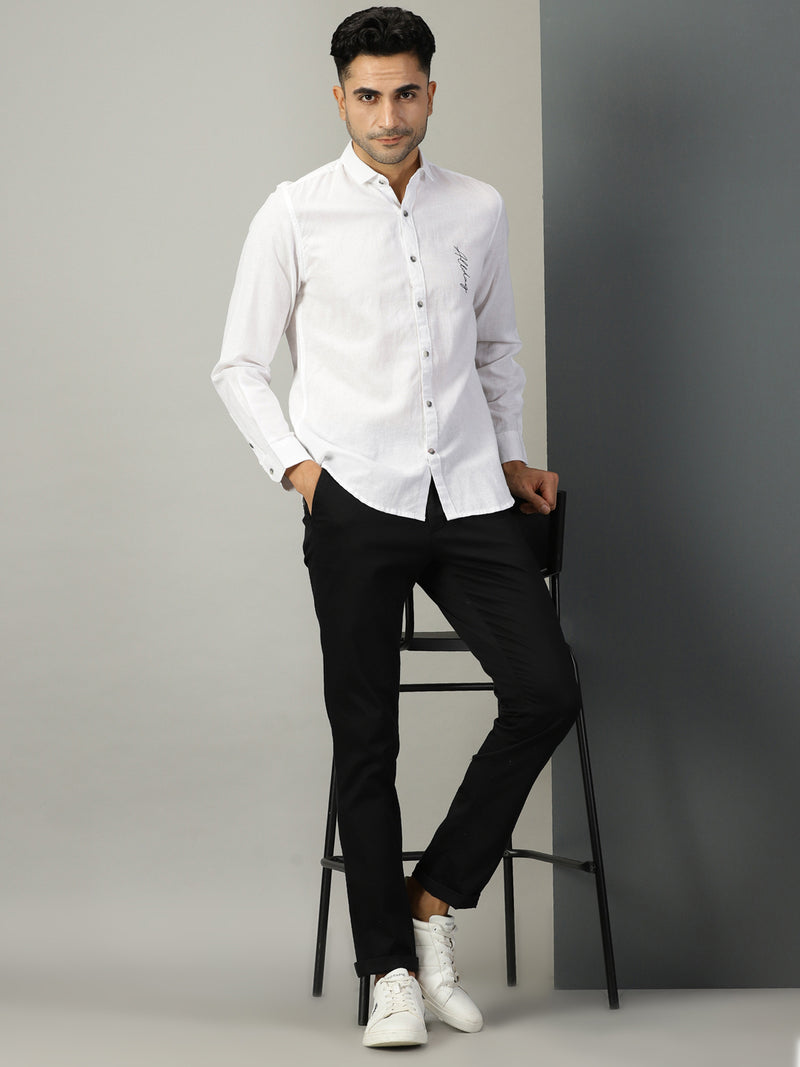 Thomas Scott Men White Classic Regular Fit Long Sleeves Spread Collar Typography Printed Cotton Linen Casual Shirt