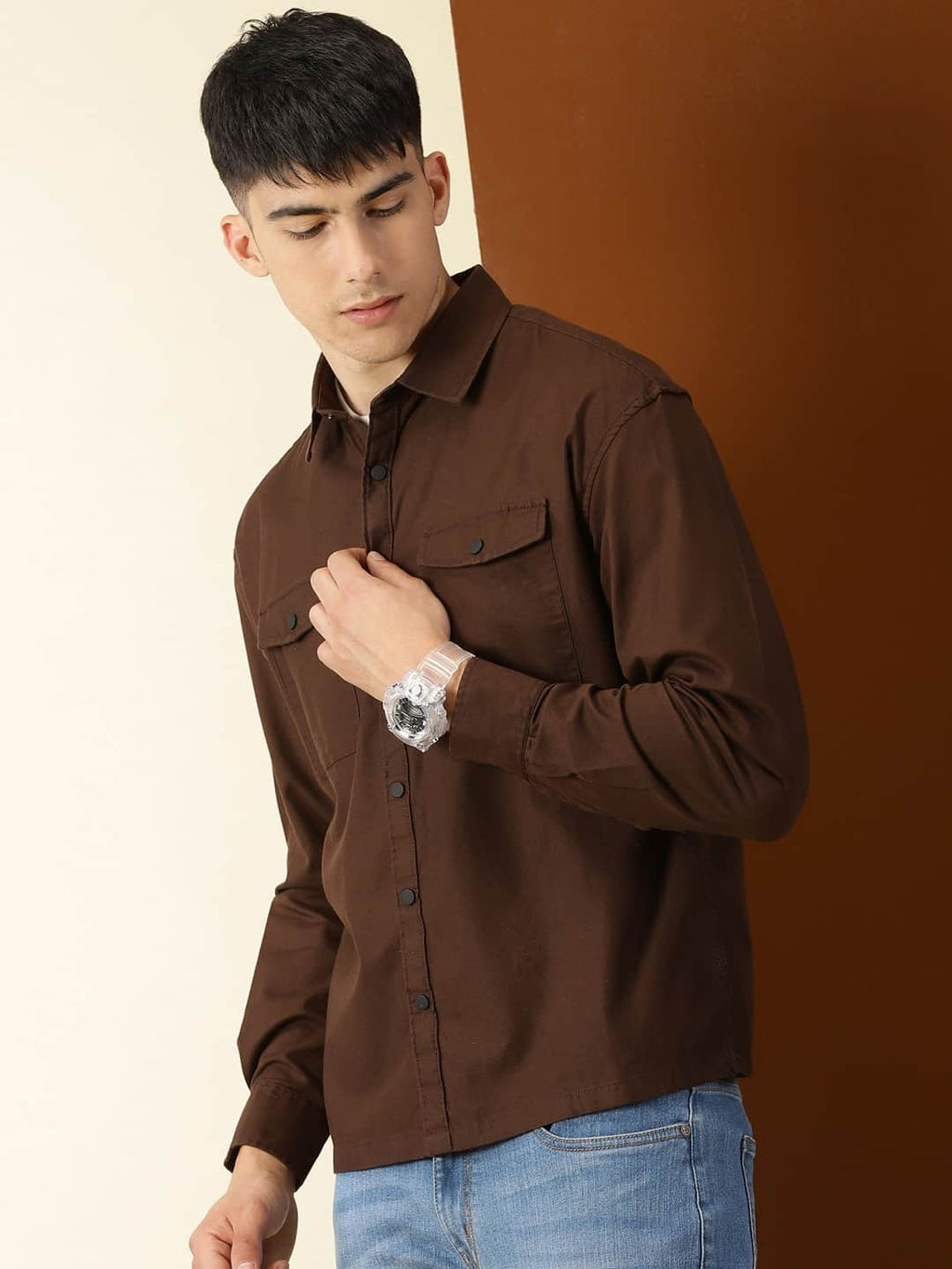Thomas Scott Men Classic Spread Collar Twill Weave Cotton Shackets