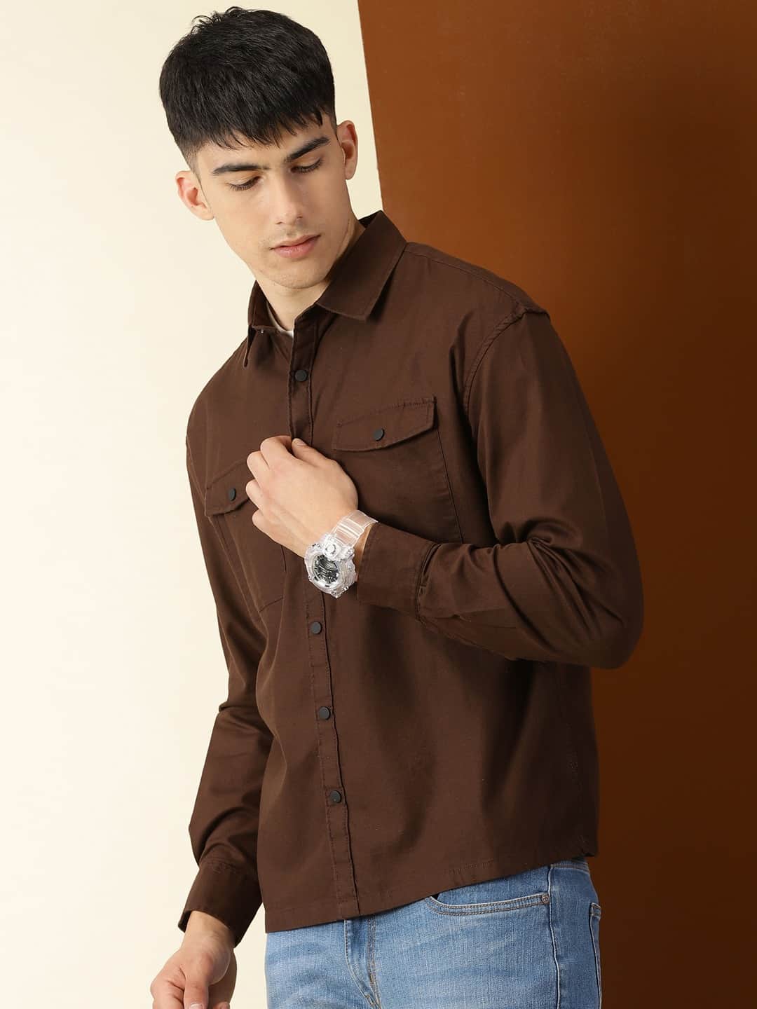 Thomas Scott Men Classic Spread Collar Twill Weave Cotton Shackets