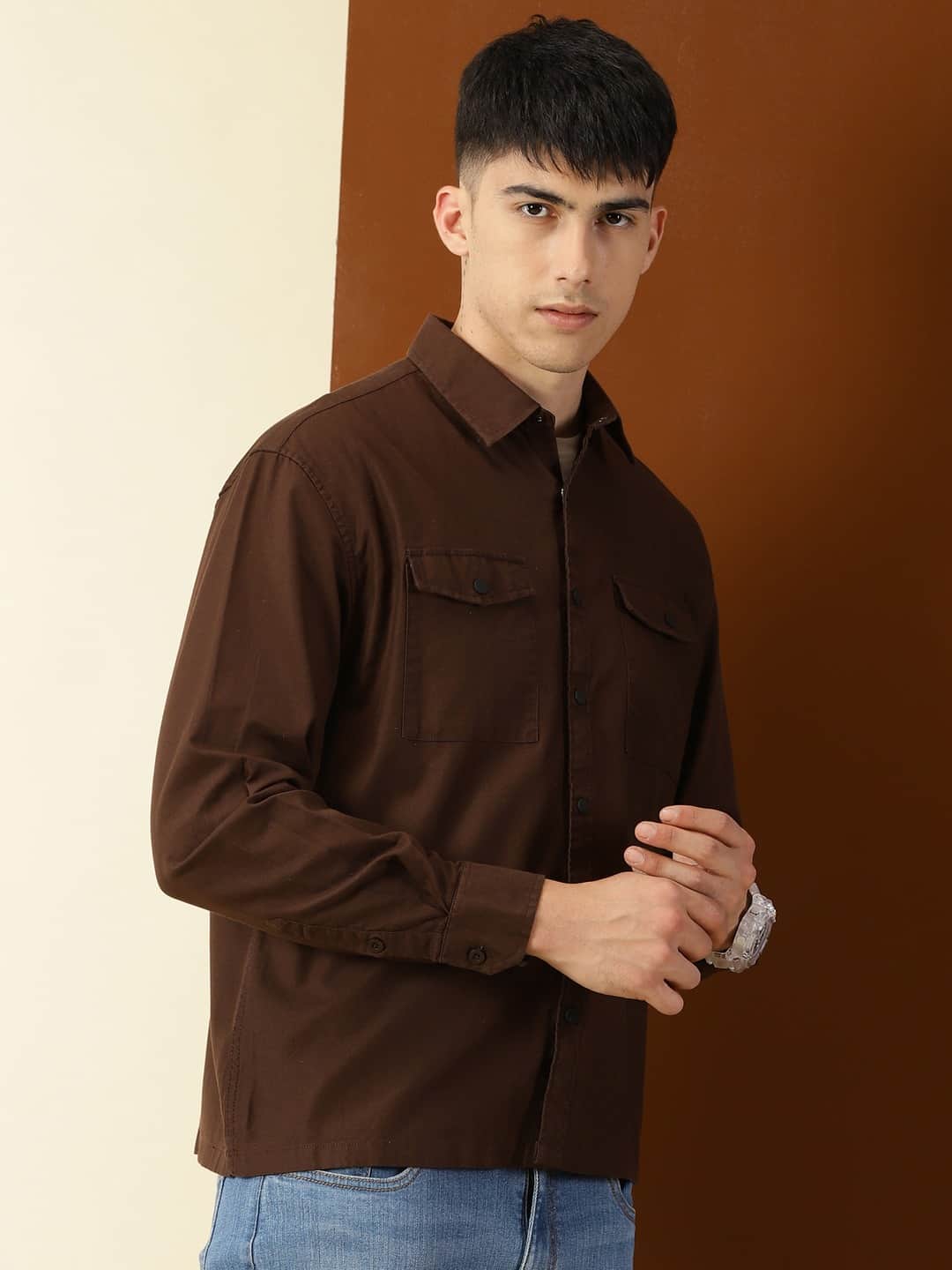 Thomas Scott Men Classic Spread Collar Twill Weave Cotton Shackets