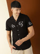 Thomas Scott Men Black Premium Short Sleeves Regular Fit Cuban Collar Conversational Printed Cotton Casual Shirt