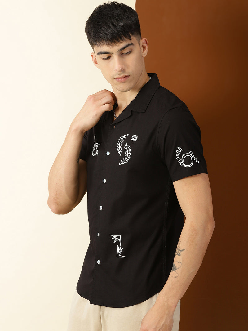 Thomas Scott Men Black Premium Short Sleeves Regular Fit Cuban Collar Conversational Printed Cotton Casual Shirt