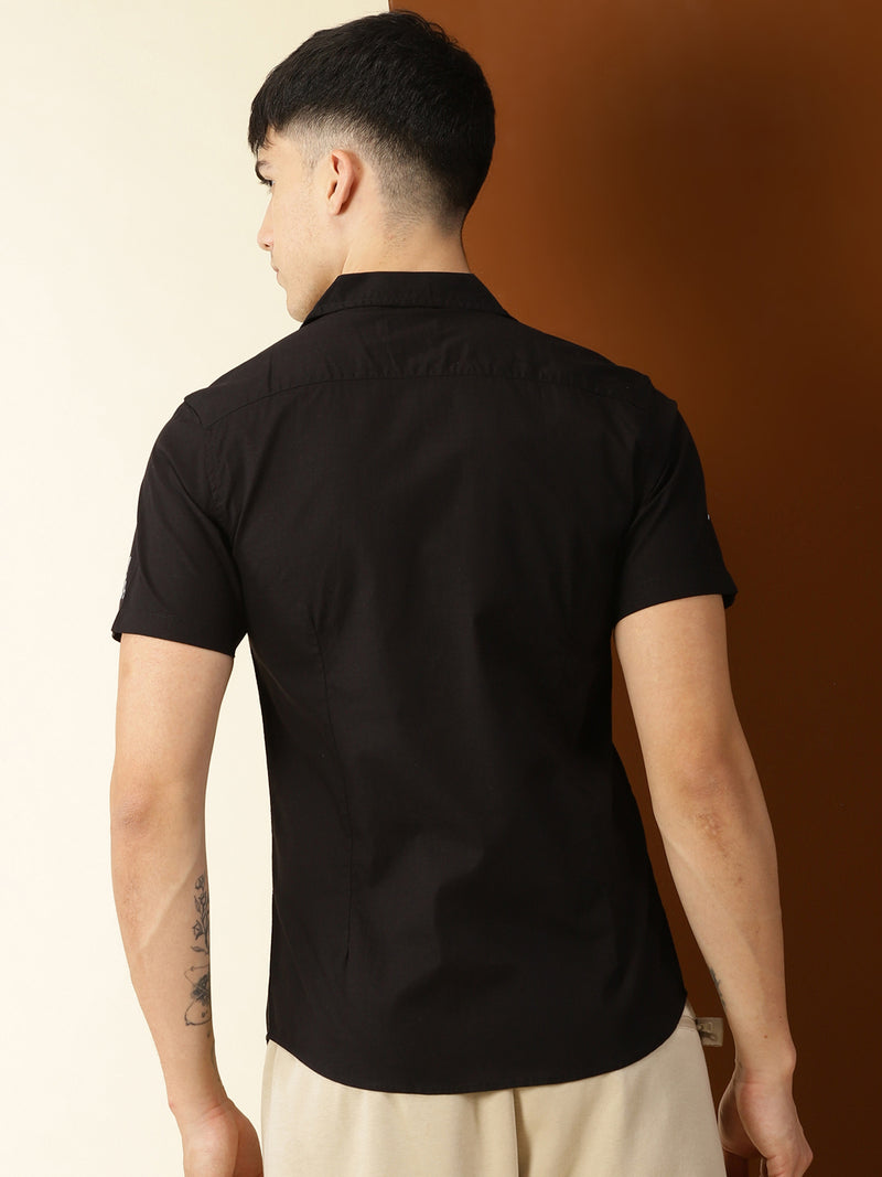 Thomas Scott Men Black Premium Short Sleeves Regular Fit Cuban Collar Conversational Printed Cotton Casual Shirt