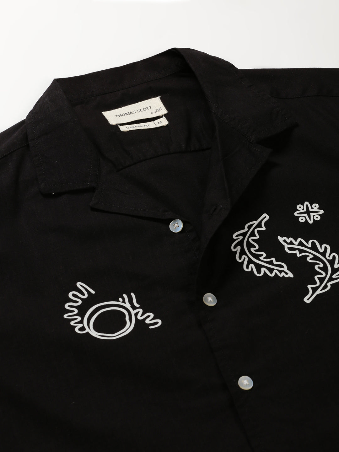 Thomas Scott Men Black Premium Short Sleeves Regular Fit Cuban Collar Conversational Printed Cotton Casual Shirt
