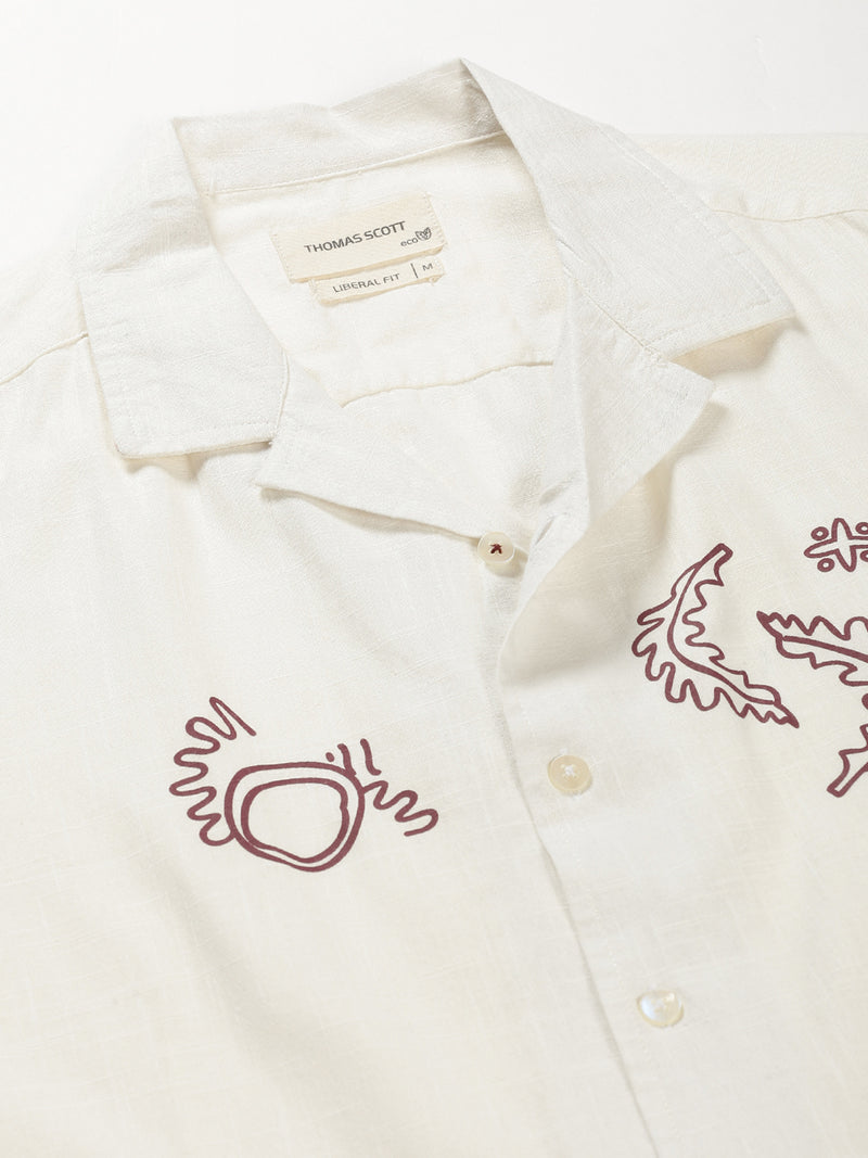 Thomas Scott Men White Premium Short Sleeves Regular Fit Cuban Collar Conversational Printed Cotton Casual Shirt