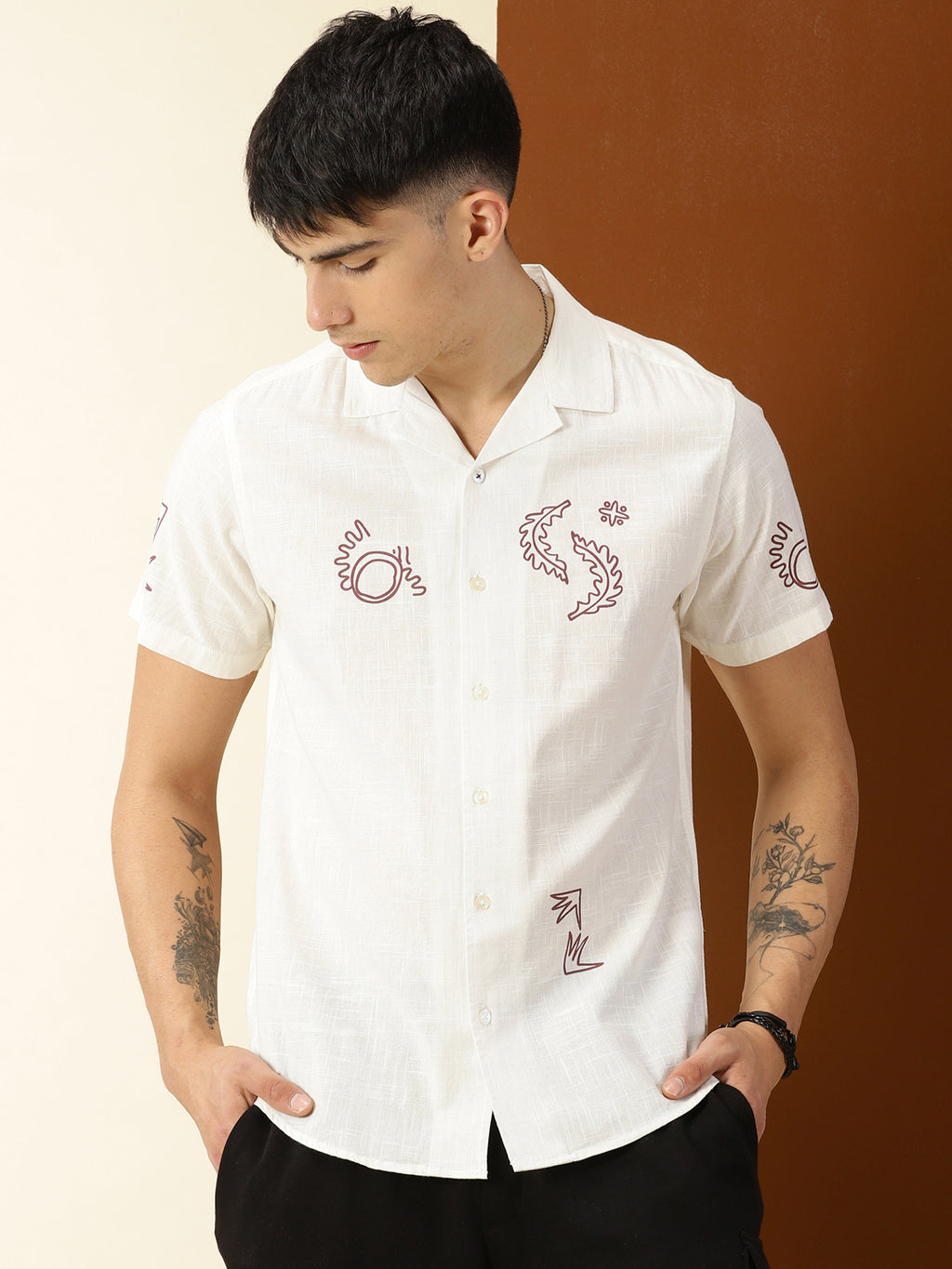 Thomas Scott Men White Premium Short Sleeves Regular Fit Cuban Collar Conversational Printed Cotton Casual Shirt
