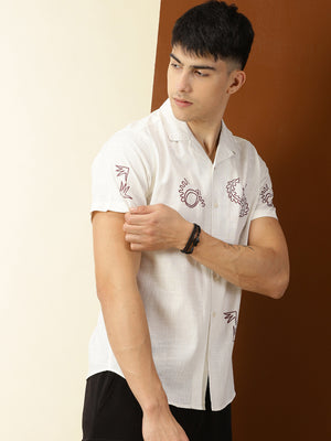 Thomas Scott Men White Premium Short Sleeves Regular Fit Cuban Collar Conversational Printed Cotton Casual Shirt