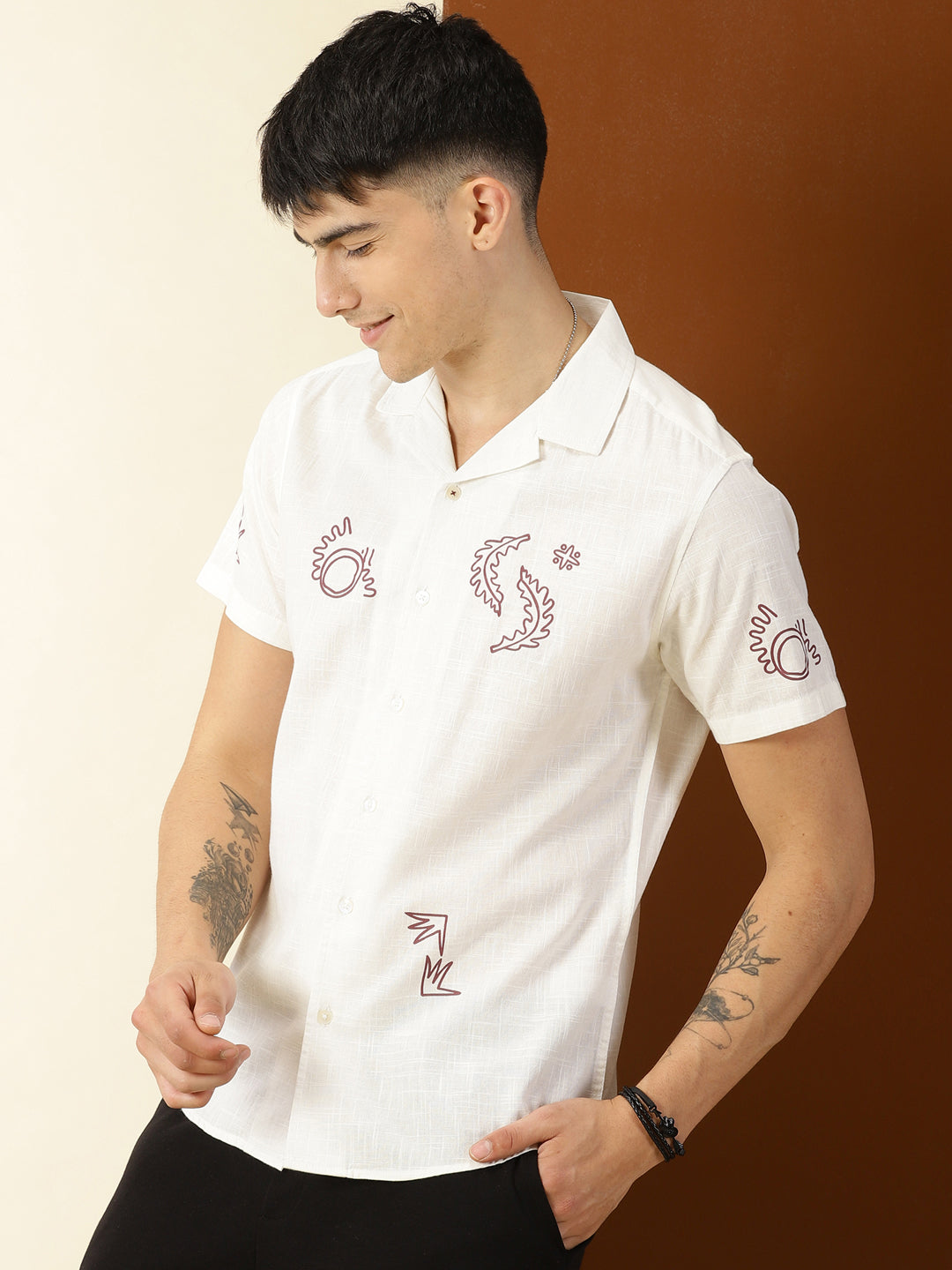 Thomas Scott Men White Premium Short Sleeves Regular Fit Cuban Collar Conversational Printed Cotton Casual Shirt