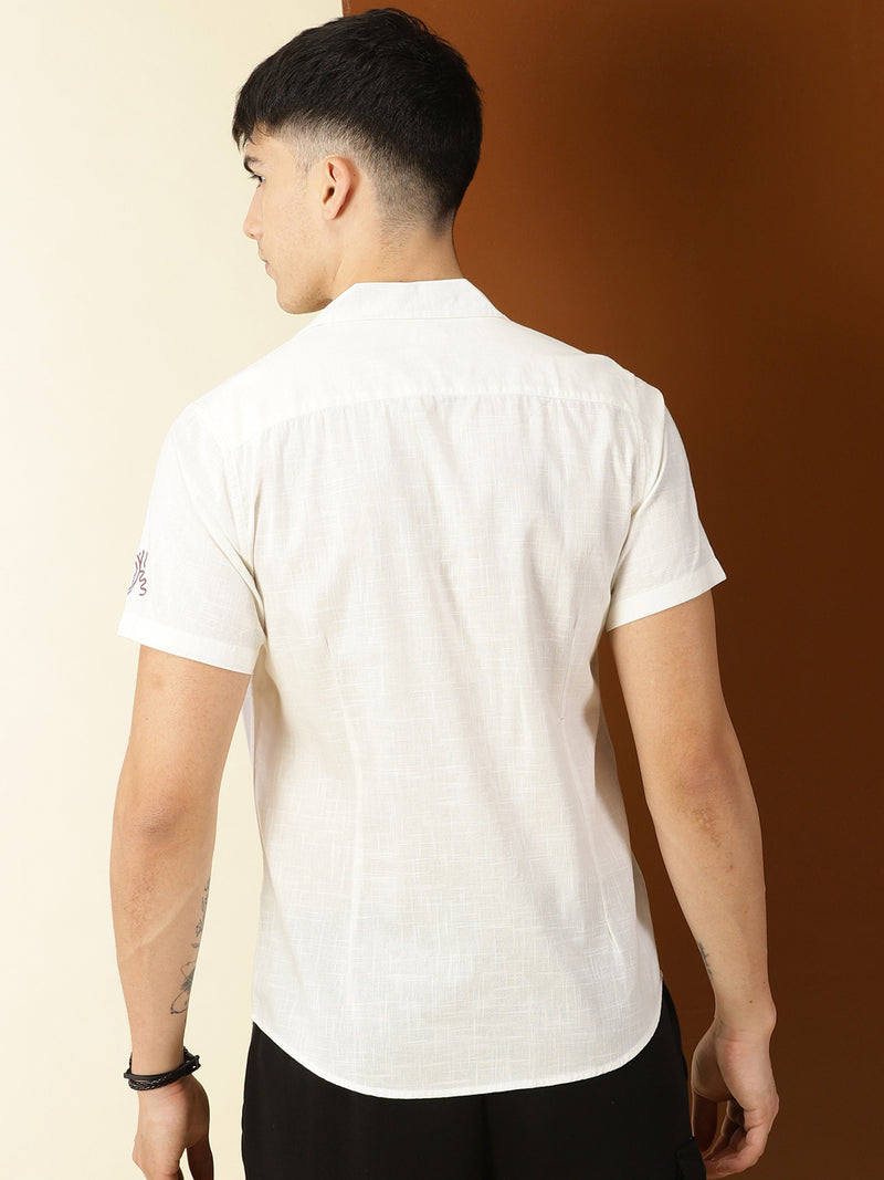 Thomas Scott Men White Premium Short Sleeves Regular Fit Cuban Collar Conversational Printed Cotton Casual Shirt