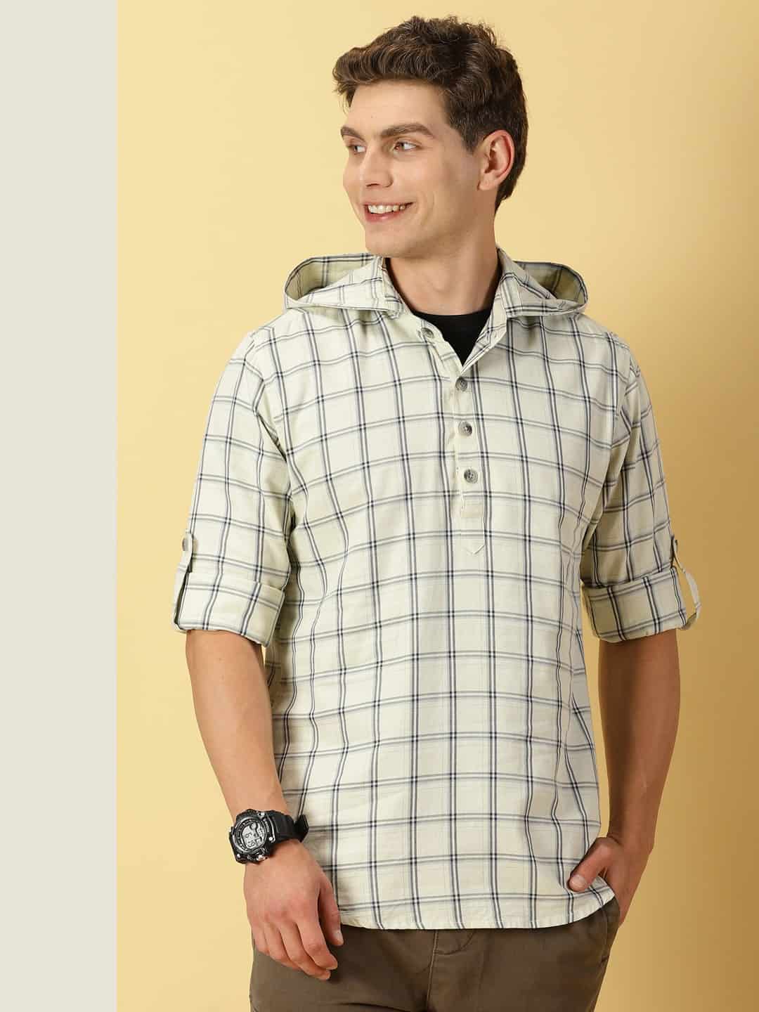 Thomas Scott Men Classic Windowpane Checks Roll-Up Sleeves Twill Cotton Hooded Casual Shirt