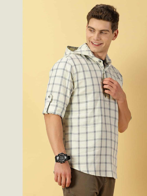 Thomas Scott Men Classic Windowpane Checks Roll-Up Sleeves Twill Cotton Hooded Casual Shirt