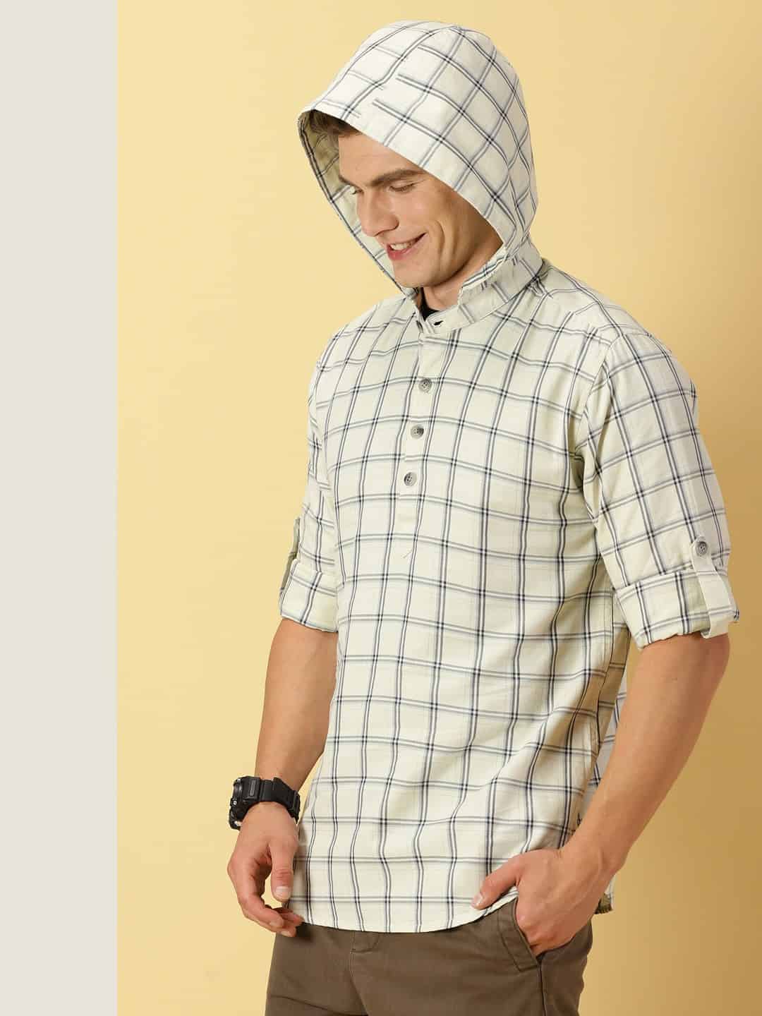 Thomas Scott Men Classic Windowpane Checks Roll-Up Sleeves Twill Cotton Hooded Casual Shirt