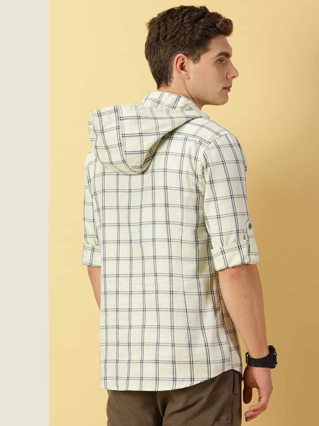 Thomas Scott Men Classic Windowpane Checks Roll-Up Sleeves Twill Cotton Hooded Casual Shirt
