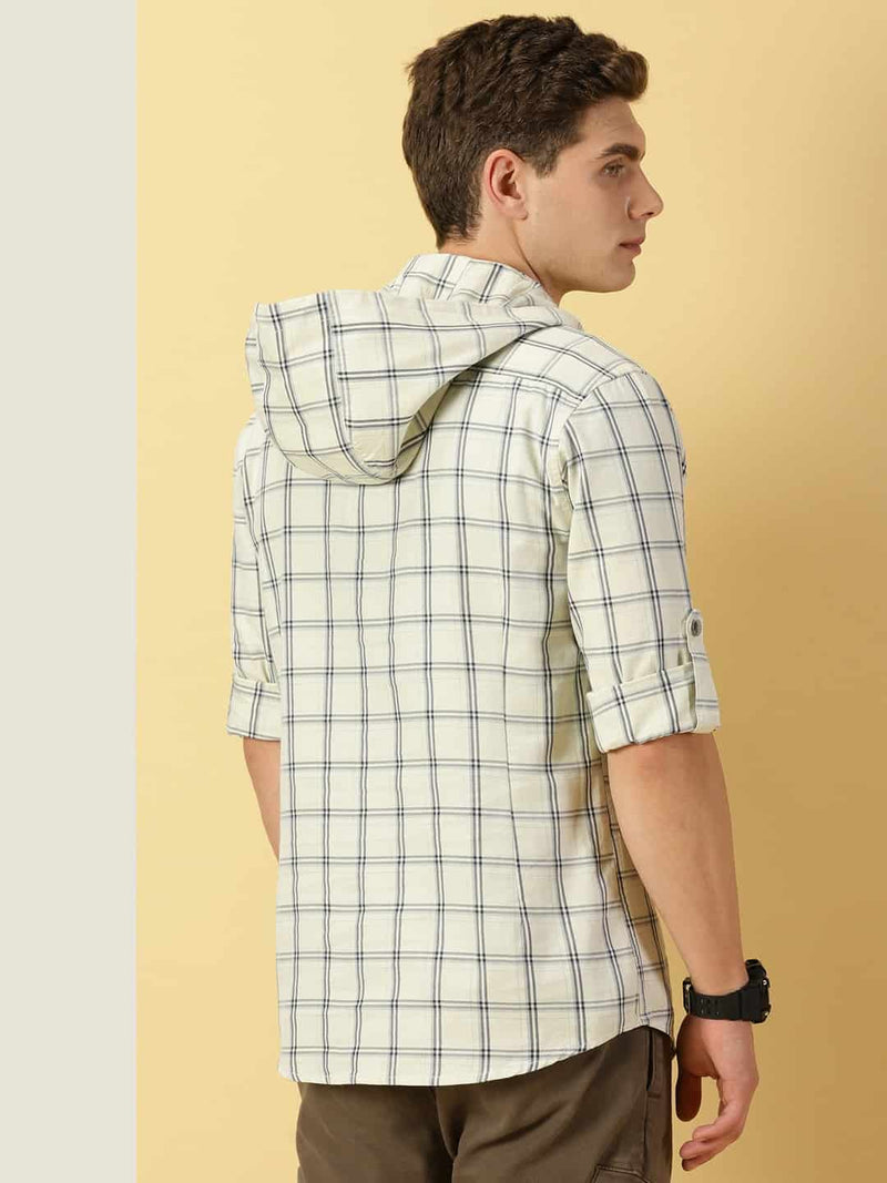 Thomas Scott Men Classic Windowpane Checks Roll-Up Sleeves Twill Cotton Hooded Casual Shirt