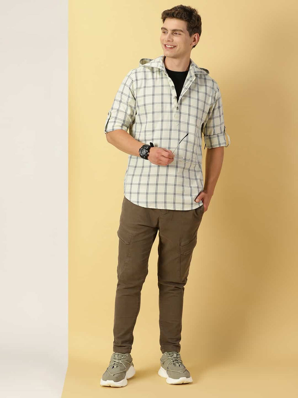 Thomas Scott Men Classic Windowpane Checks Roll-Up Sleeves Twill Cotton Hooded Casual Shirt