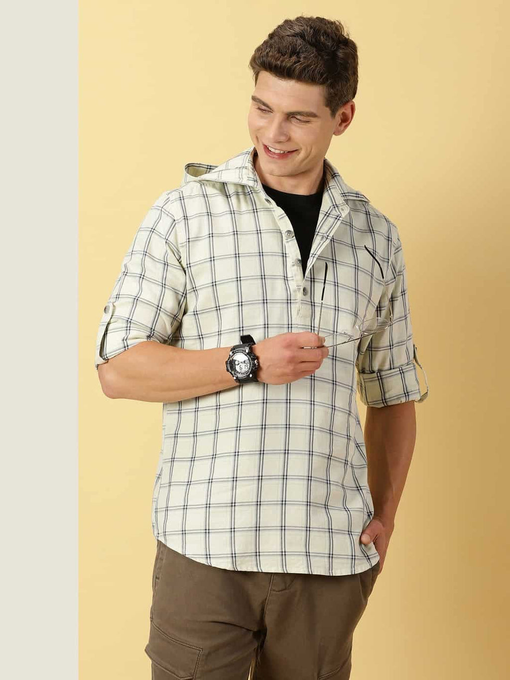 Thomas Scott Men Classic Windowpane Checks Roll-Up Sleeves Twill Cotton Hooded Casual Shirt