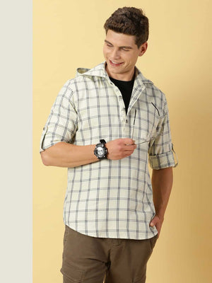 Thomas Scott Men Classic Windowpane Checks Roll-Up Sleeves Twill Cotton Hooded Casual Shirt