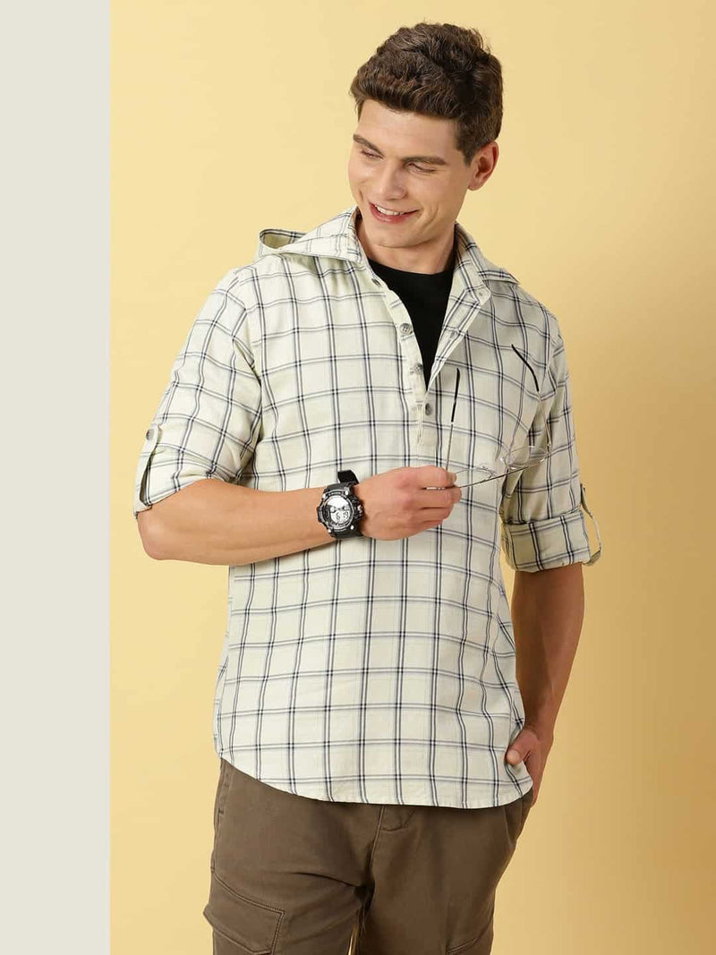 Thomas Scott Men Classic Windowpane Checks Roll-Up Sleeves Twill Cotton Hooded Casual Shirt