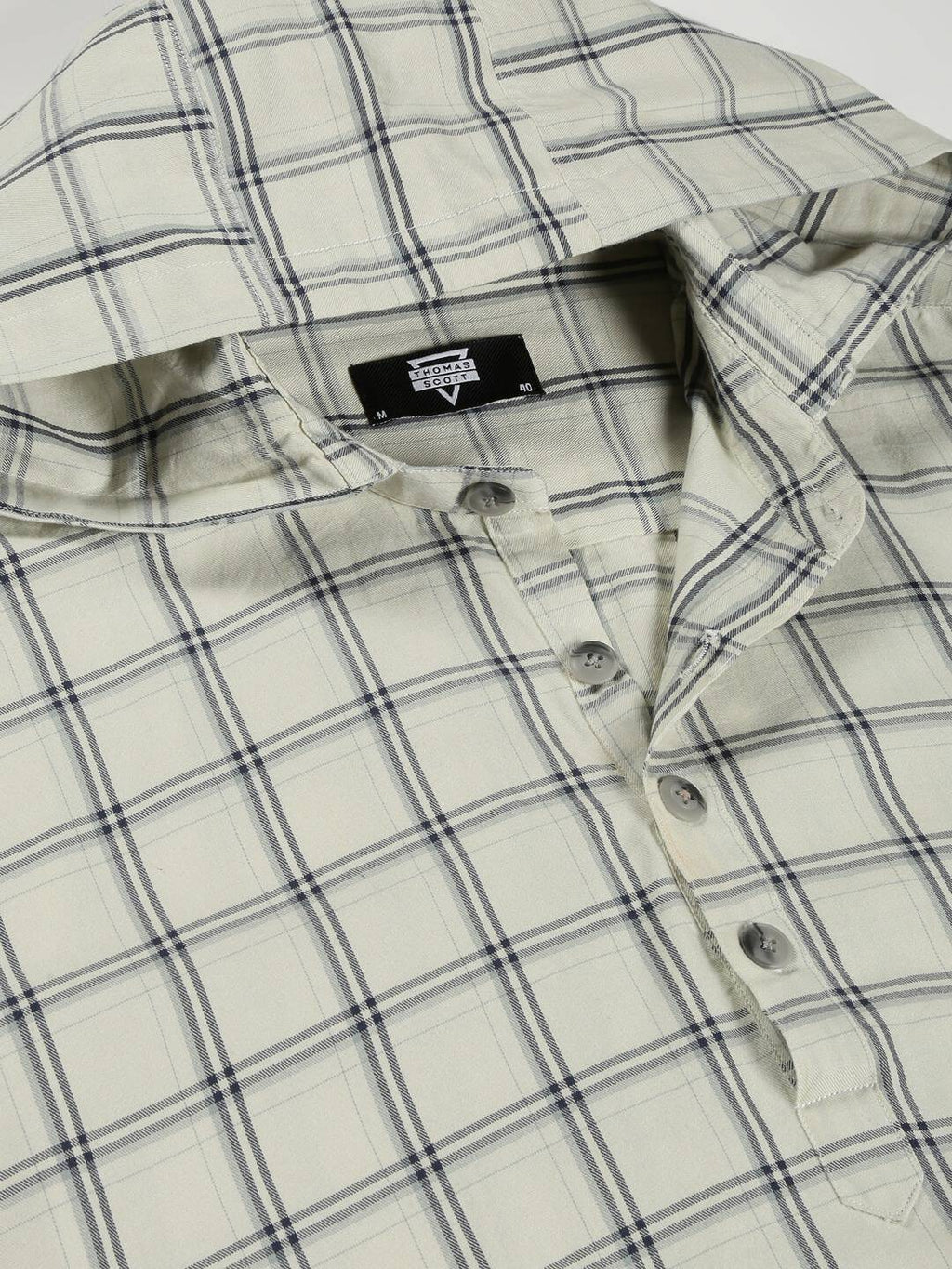 Thomas Scott Men Classic Windowpane Checks Roll-Up Sleeves Twill Cotton Hooded Casual Shirt