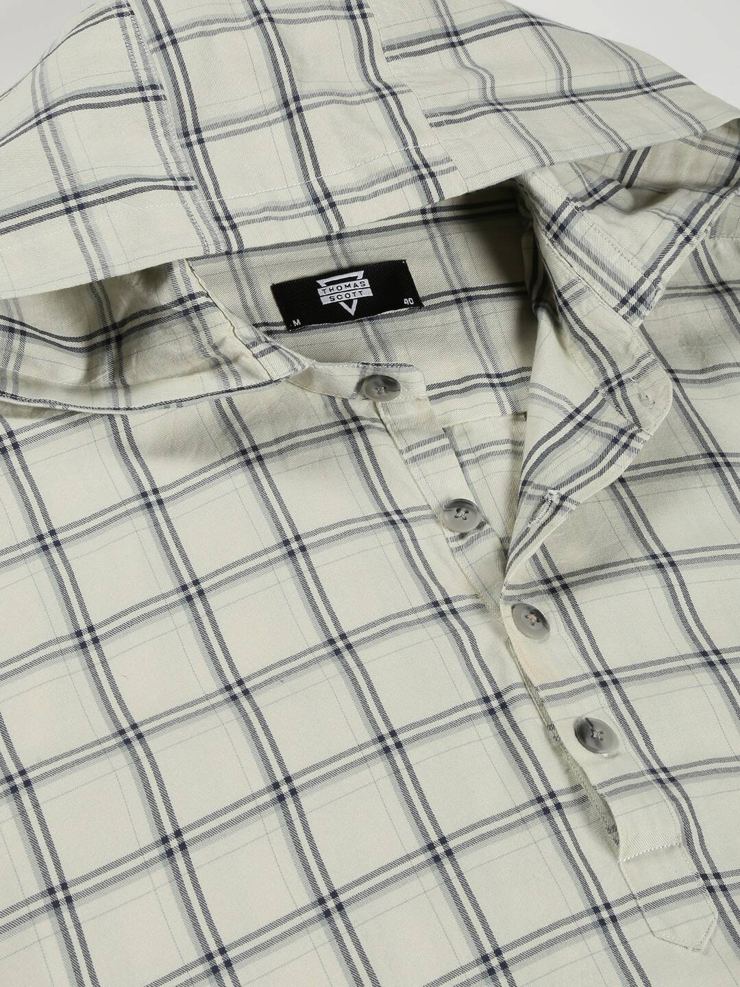 Thomas Scott Men Classic Windowpane Checks Roll-Up Sleeves Twill Cotton Hooded Casual Shirt