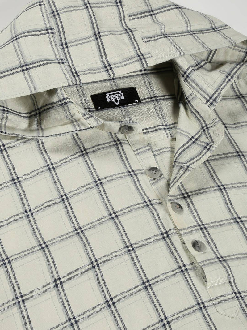 Thomas Scott Men Classic Windowpane Checks Roll-Up Sleeves Twill Cotton Hooded Casual Shirt