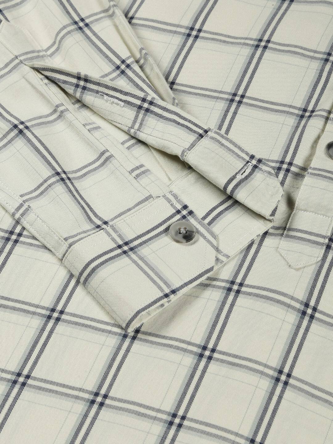 Thomas Scott Men Classic Windowpane Checks Roll-Up Sleeves Twill Cotton Hooded Casual Shirt
