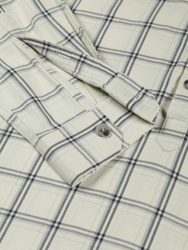 Thomas Scott Men Classic Windowpane Checks Roll-Up Sleeves Twill Cotton Hooded Casual Shirt