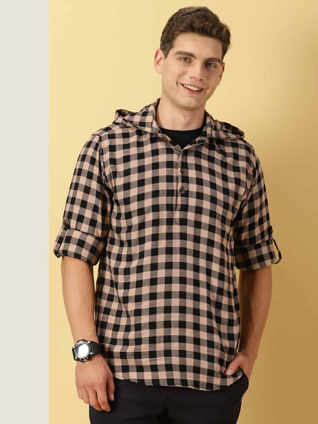Thomas Scott Men Classic Hood Gingham Checked Twill Casual Pure Cotton Shirt