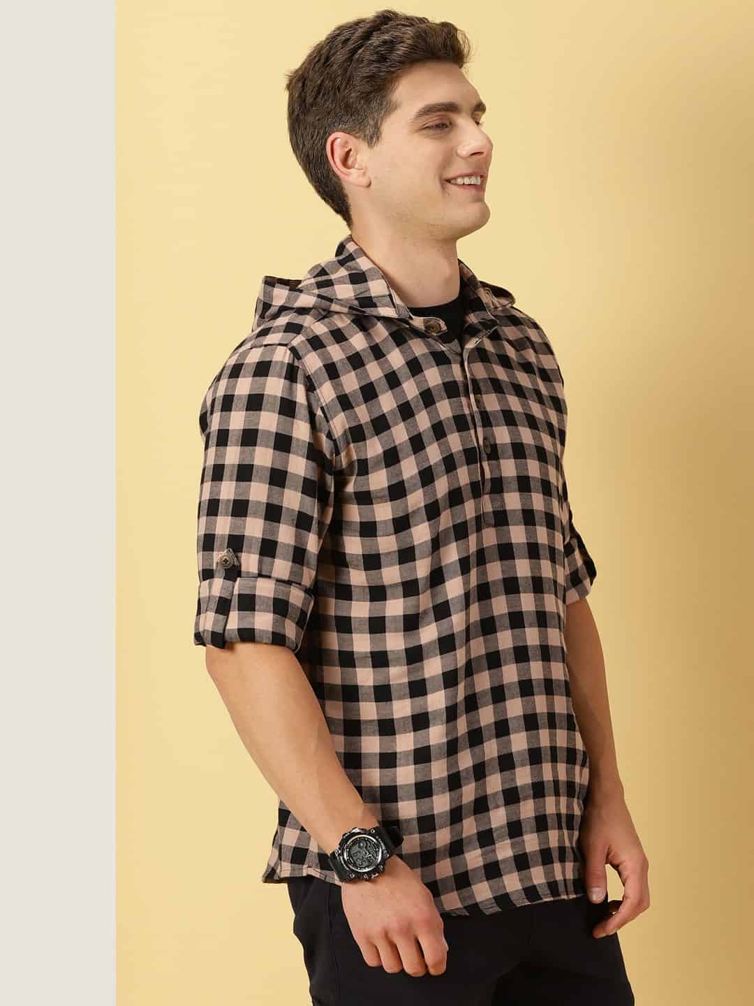 Thomas Scott Men Classic Hood Gingham Checked Twill Casual Pure Cotton Shirt