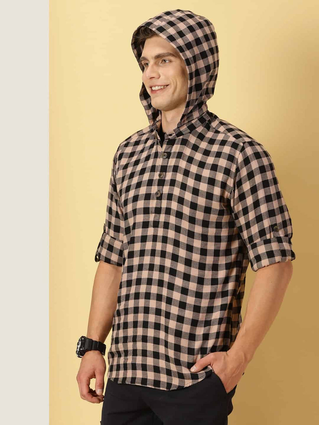 Thomas Scott Men Classic Hood Gingham Checked Twill Casual Pure Cotton Shirt