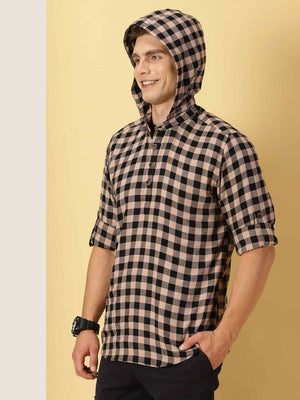 Thomas Scott Men Classic Hood Gingham Checked Twill Casual Pure Cotton Shirt